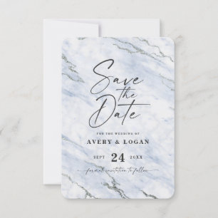 Chic Light Blue Marmor mit Silver Glitzer Save The Date