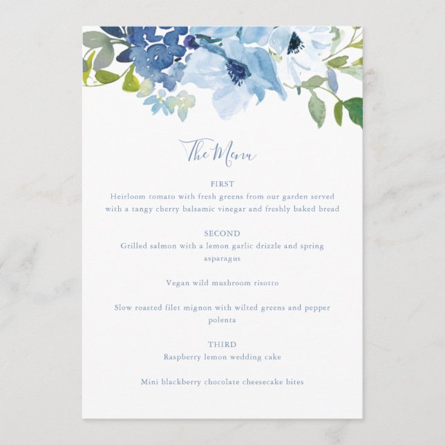 Chic Light Blue Watercolor Blumenschrift Custom Menükarte (Vorderseite)
