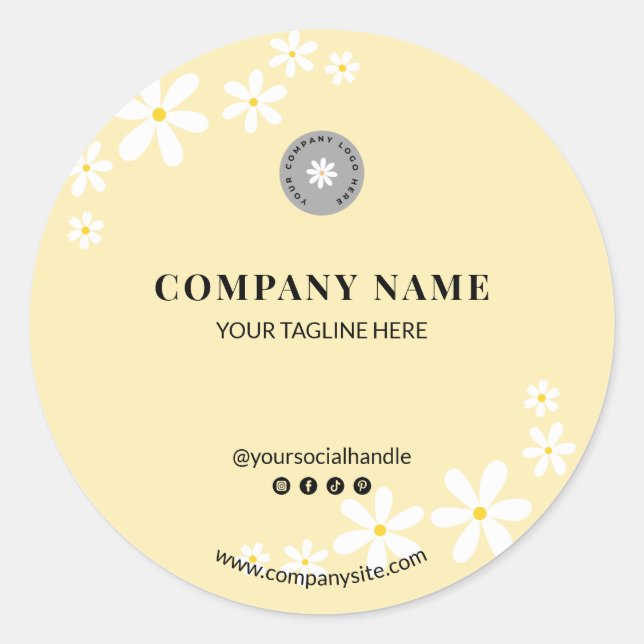 Chic Light Butter Yellow Daisy Business Name Runder Aufkleber (Vorderseite)