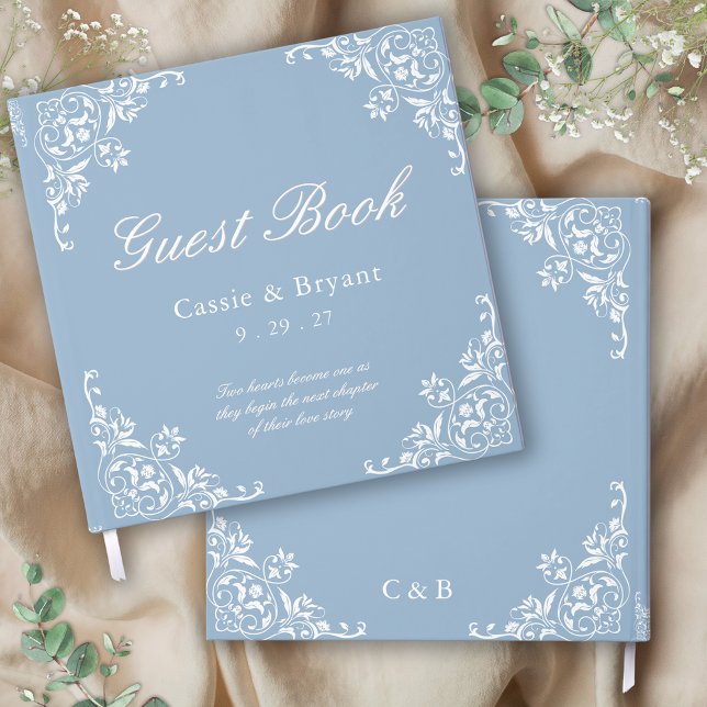 Chic Light Dusty Blue White Wedding Guest Book Gästebuch (formal blue and white wedding guest book with persoanlized name date monogram saying gift ideas)