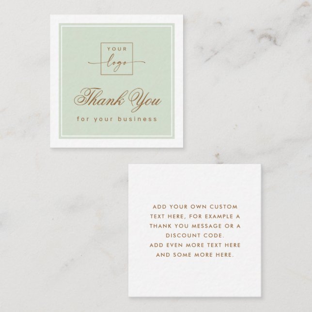 Chic light sage green custom logo thank you card quadratische visitenkarte (Vorne/Hinten)