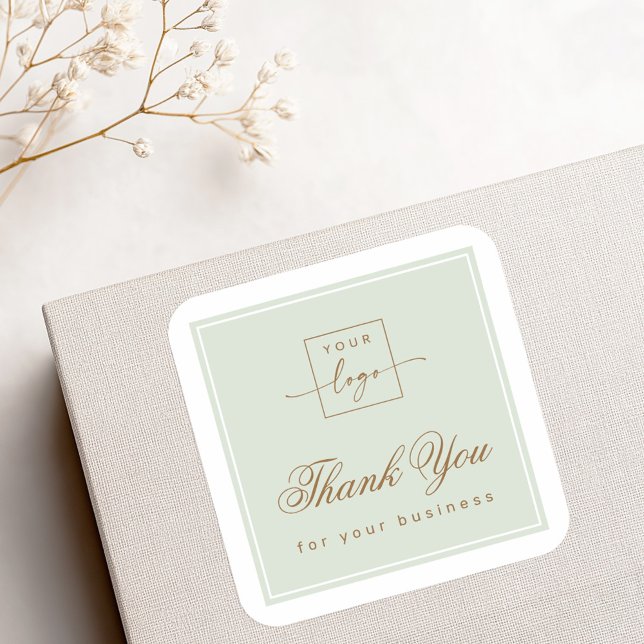 Chic light sage green custom logo thank you quadratischer aufkleber (Chic light sage green custom logo thank you square sticker)