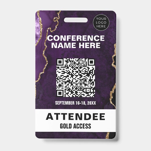 Chic Lila Agate Gold Glitzer Conference Event Ausweis (Vorderseite)