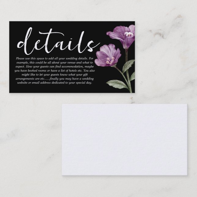 Chic lila & Black Wildblume Hochzeitsdetails Begleitkarte (Vorne/Hinten)