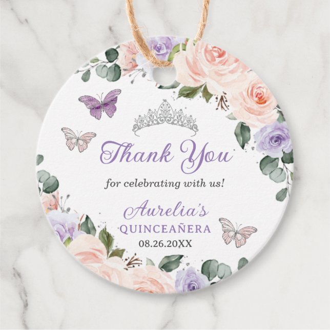 Chic Lila Blush Floral Butterfly Silver Crown Geschenkanhänger (Vorderseite)