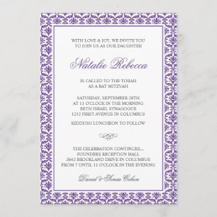 Chic-lila Damast-Schläger Mitzvah Einladung