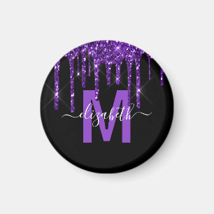 Chic Lila Dripping Glitzer Brush Metal Monogramm Magnet