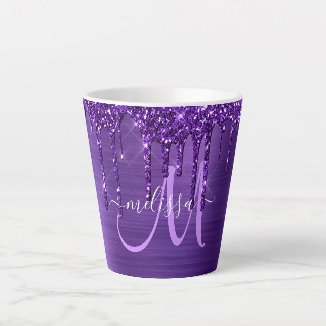 Chic Lila Driving Glitzer Brush Metal Monogram  Milchtasse (Vorderseite)