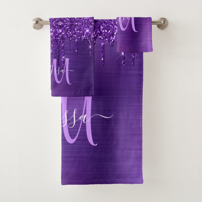 Chic Lila Driving Glitzer Monogram Name Bath to Badhandtuch Set (Insitu)