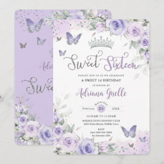 Chic Lila Floral Butterflies 16 . Geburtstag 16. Einladung