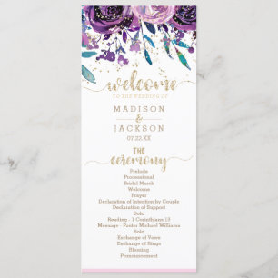Chic Lila Floral Champagne Gold Wedding Programm