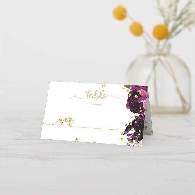 Chic Lila Floral & Gold Confetti Tischnummer Platzkarte (Vorderseite)