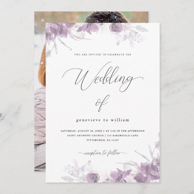 Chic Lila Floral mit kalligrafischem Foto Hochzeit Einladung (Vorne/Hinten)