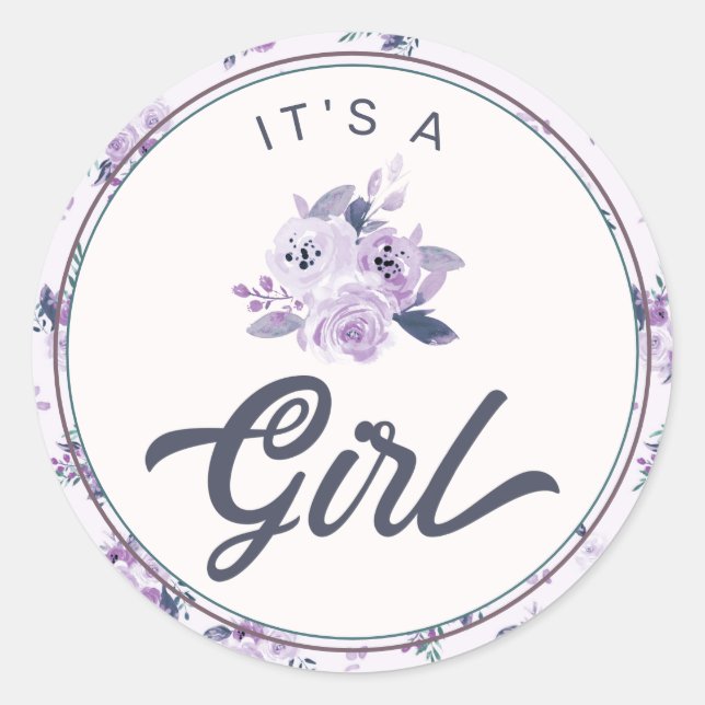 Chic Lila Floral New Baby Es ist ein Mädchen Gefal Runder Aufkleber (Vorderseite)