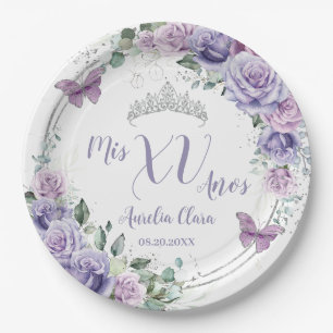 Chic Lila Floral Schmetterlinge Quinceañera Pappteller