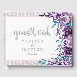 Chic Lila Floral & Silver Wedding Monogram Gästebuch