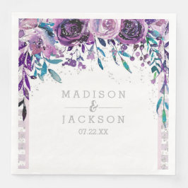 Chic Lila Floral & Silver Wedding Monogram Serviette