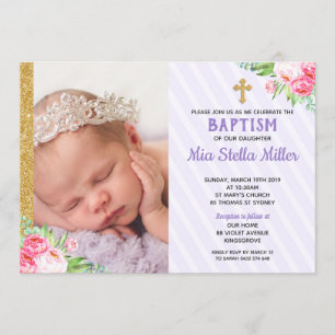 Chic Lila Floral Taufe Christening Girl Foto Einladung