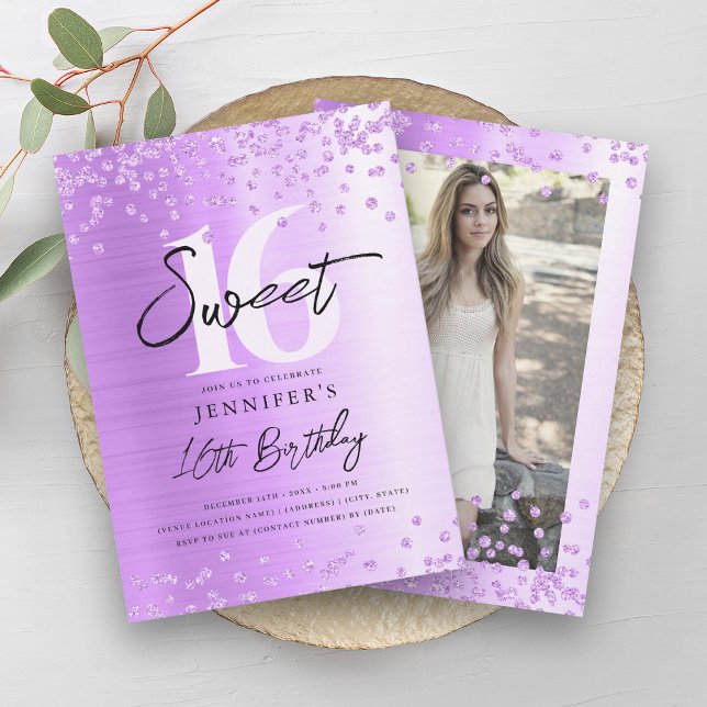 Chic Lila Glitzer Foto Sweet 16 Party Einladung (Chic Purple Glitter Photo Sweet 16 Party Invitation)