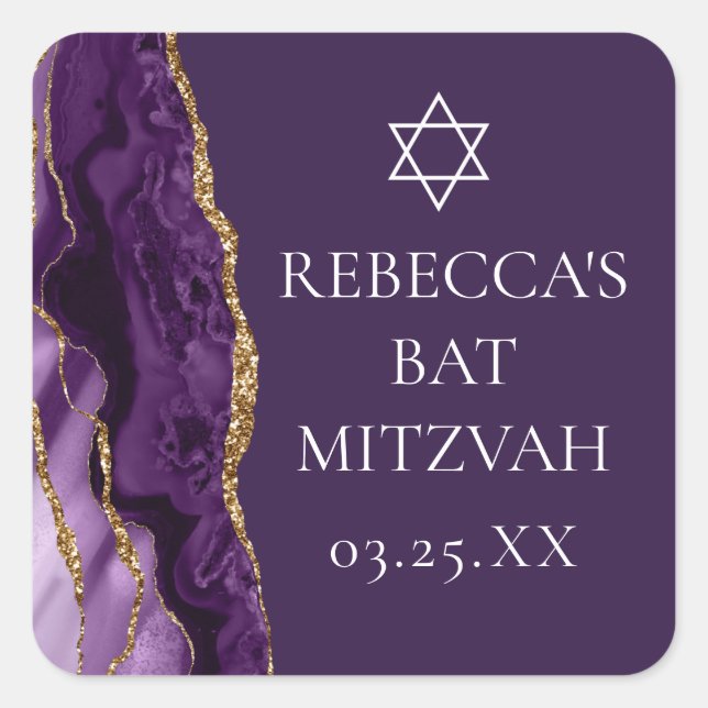 Chic Lila Gold Agate Bat Mitzvah Party Quadratischer Aufkleber (Vorderseite)
