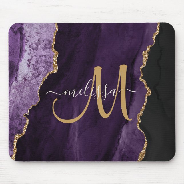 Chic Lila Gold Agate Script Custom Monogram Mousepad (Vorne)