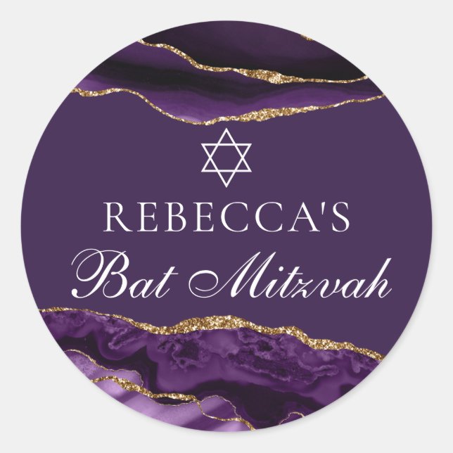 Chic Lila Gold Bat Mitzvah Party Personalisiert Runder Aufkleber (Vorderseite)