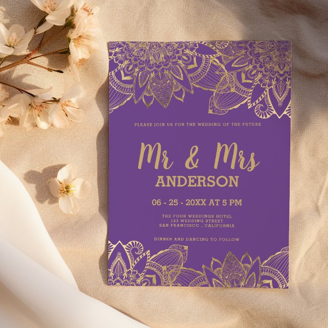 Chic lila Gold Drehbuch MR MRS. mandala Wedding Einladung (Chic purple gold script MR MRS mandala Wedding )