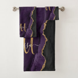 Chic Lila Gold Glitzer Agate Custom Monogram Badhandtuch Set