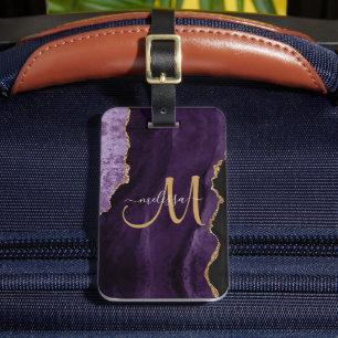 Chic Lila Gold Glitzer Agate Custom Monogram Gepäckanhänger