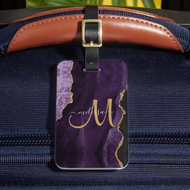Chic Lila Gold Glitzer Agate Custom Monogram Gepäckanhänger (Vorderseite Insitu 2)