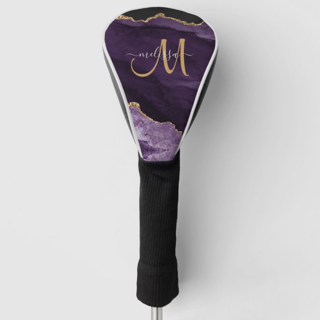 Chic Lila Gold Glitzer Agate Custom Monogram Golf Headcover (Vorderseite)