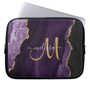 Chic Lila Gold Glitzer Agate Custom Monogram Laptopschutzhülle