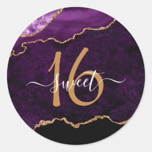 Chic Lila Gold Glitzer Agate Custom Monogram Runder Aufkleber