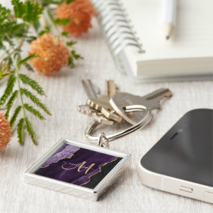 Chic Lila Gold Glitzer Agate Custom Monogram Schlüsselanhänger