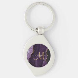 Chic Lila Gold Glitzer Agate Custom Monogram Schlüsselanhänger