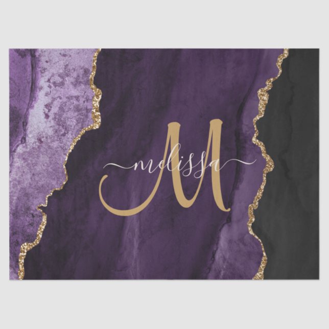 Chic Lila Gold Glitzer Agate Custom Monogram Seidenpapier (Vorderseite)