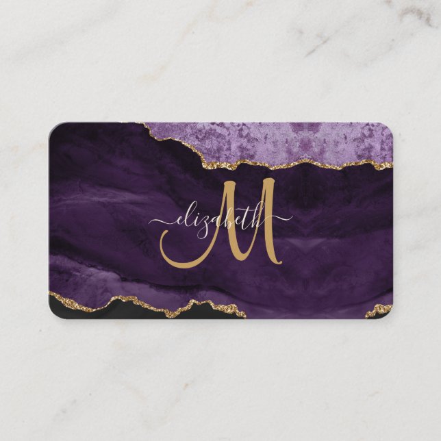 Chic Lila Gold Glitzer Agate Custom Monogram Visitenkarte (Vorderseite)