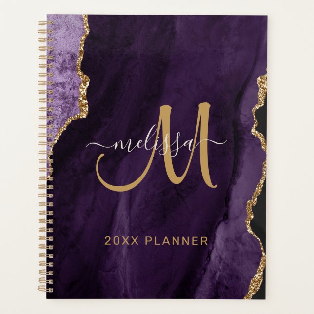 Chic Lila Gold Glitzer Agate Monogram 2024 Planer (Vorderseite)