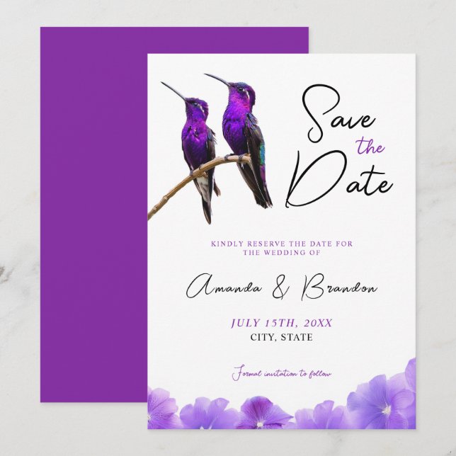 Chic Lila Hummingbirds and Petals Wedding Save The Date (Vorne/Hinten)