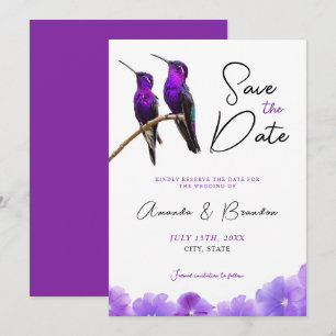 Chic Lila Hummingbirds and Petals Wedding Save The Date