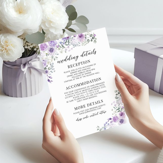 Chic Lila Lavender Floral Wedding Details Cards Begleitkarte (Von Creator hochgeladen)