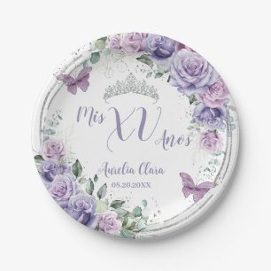 Chic Lila Lilac Floral Butterfliegen Quinceañera Pappteller