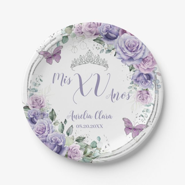 Chic Lila Lilac Floral Butterfliegen Quinceañera Pappteller (Vorderseite)