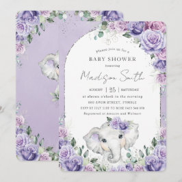 Chic Lila Lilac Floral Elephant Baby Dusche Einladung