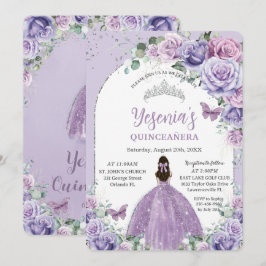 Chic Lila Lilac Floral Quinceañera Silver Arch Einladung