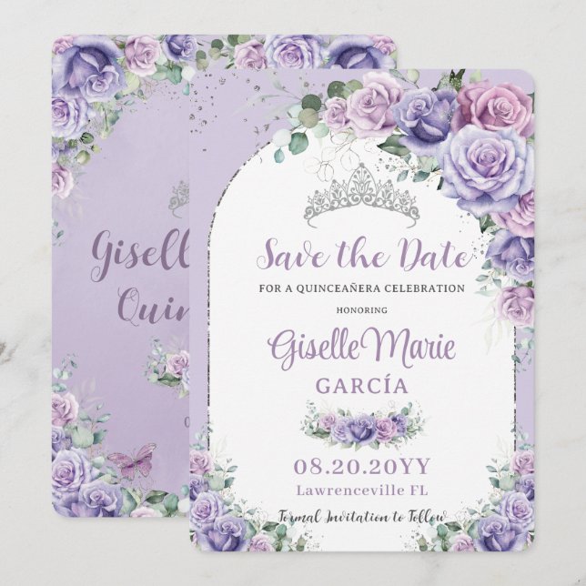Chic Lila Lilac Floral Quinceañera Silver Arch Save The Date (Vorne/Hinten)