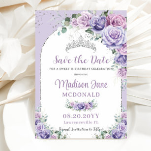 Chic Lila Lilac Floral Sweet 16 Silver Birthday Save The Date