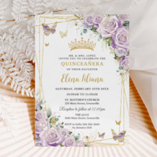Chic Lila Lilac Rose Floral Gold Quinceañera XV Einladung