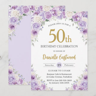Chic Lila Lilac White Floral 50. 60. Geburtstag Einladung