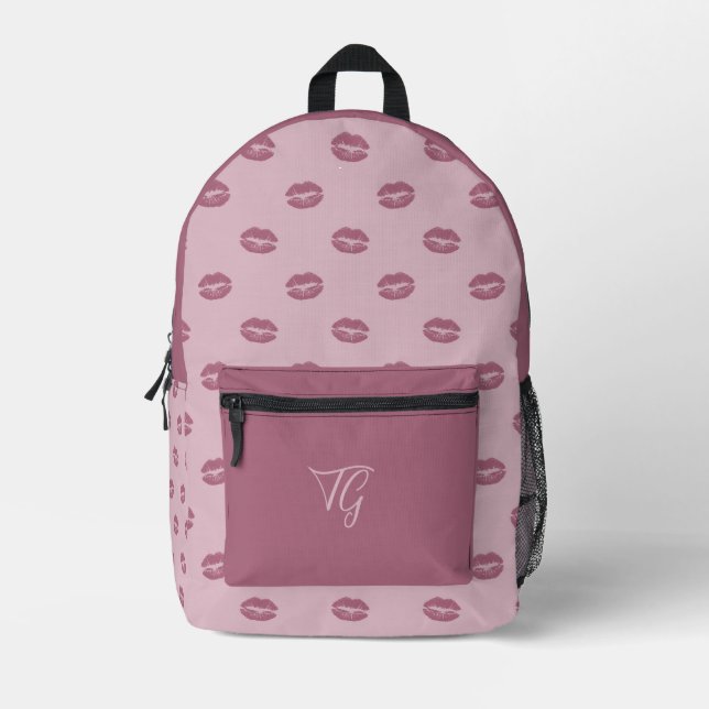 Chic Lila Lips on Lavender Personalisierte Initial Bedruckter Rucksack (Vorderseite)